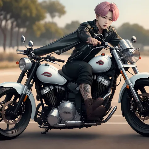 Park Jimin do BTS sendo loiro, With an arm full of tattoos, um piercing na sobrancelha, ao lado de uma moto antiga e preta, ao fundo uma corrida de motos