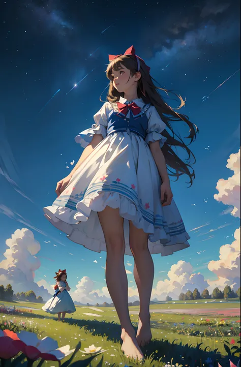 alice in the wonderland, (A bow on the head:1.1), Upper body，twogirls，2 sisters，Two girls stand in a field of flowers looking up at the sky, Two girls stand in a field of flowers, Two girls walking in a field of flowers, Get lost in a fantastic wonderland,...