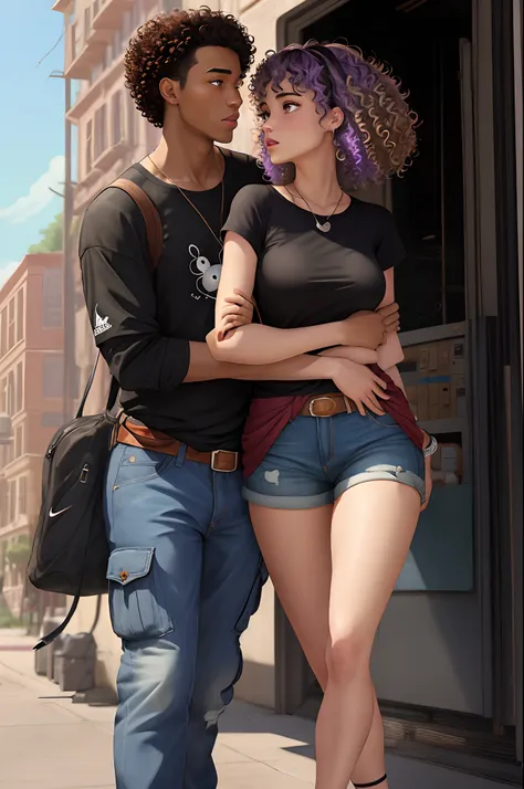 Disney Pixar inspired poster a mid size white girl with brown curly hair and purple highlights and black blouse in nike and short denim shorts hugging her black-skinned boyfriend, Curly hair in the American cut and with a blunt blouse and cargo pants