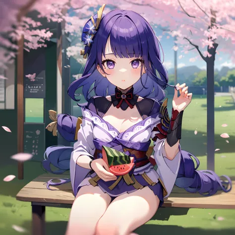 raiden shogun, sit down, eating watermelon. purple hair, 1 girl, masterpiece, best quality, genshin impact, cherry blossoms.