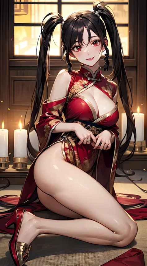 (perfect anatomy, anatomically correct, super detailed skin), 1 mature woman, solo, japanese, (detailed ultra-oily shiny skin:1.1), watching the view, (smile:1.5, happiness), 
((metallic red chinese costume, red lips), (embroidered cloth shoes), open chest...