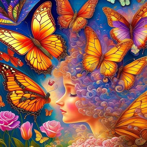 multiple layers, by Josephine Wall, a swarm of butterflies, 1 girl, profile melting into butterflies, double exposure, scenery, dreamlikeart