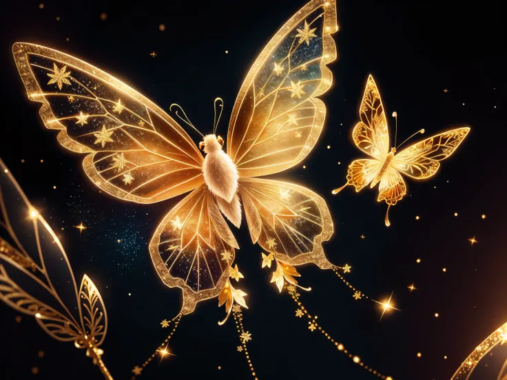 (best quality:1.2), beautifully detailed chibi butterfly, ethereal, snowflakes, glitter, gold glimmer, shimmer, bokeh, dynamic a...