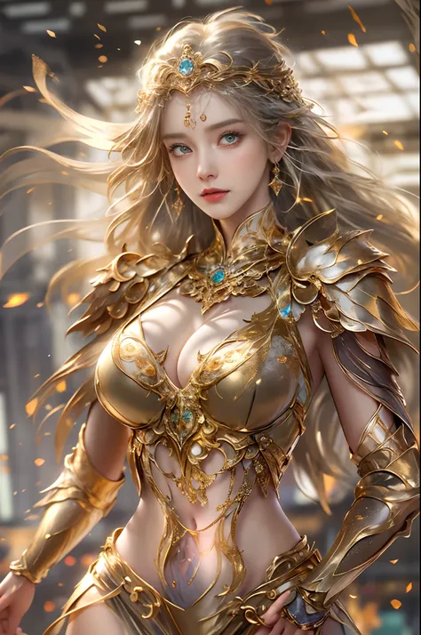 Woman in golden transparent dress,view the viewer,(((Huge breasts, Large cleavage))),Slim waist,(navel-baring,Bare waist), Long hair, Ultra-detailed details,High-end Zhenyi Railway Station, Storm Sites, detailed fantasy art, Stunning character art, Beautif...