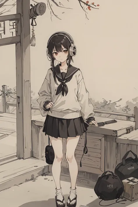 sparrow, a black haired girl, wearing a sweater, black skirt, medium hair, headphone, slim body, teen, serious face, a japanese school girl. she is standing in the shrine