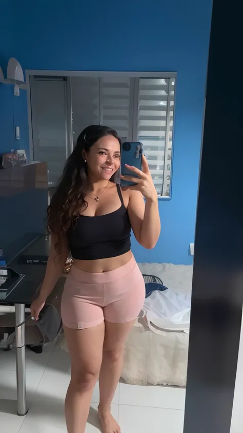 there is a woman taking a selfie in a mirror, foto fit, ela tem cerca de 1 6 anos de idade, Mulher de 30 anos de Cuba, coxas grossas, cintura magra e quadris grossos, tomada em 2 0 2 0, imagem de corpo inteiro, selfie de uma jovem mulher, imagem frontal, e...