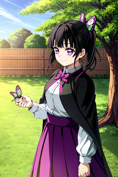 kimetsu no yaiba style, 1girl, butterfly hair ornament, hair ornament, butterfly, bug, demon slayer uniform, solo, purple eyes, side ponytail, butterfly on hand, smile, black hair, white cape, cape, outdoors, bangs, tree, fence, anime coloring,  ((masterpi...