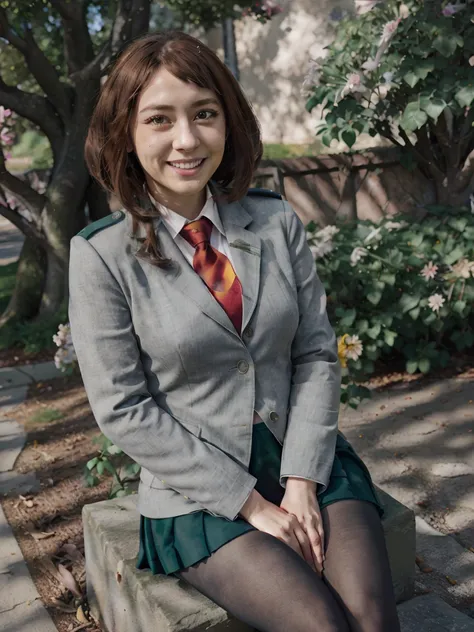 a beautiful and detailed character portrait of ochako, brown hair, school uniform, pantyhose, green skirt,grey coat, tie, , smile, trees, ((flowers)), bushes,solo, cinematic lighting, shaded, sit, park, young girl