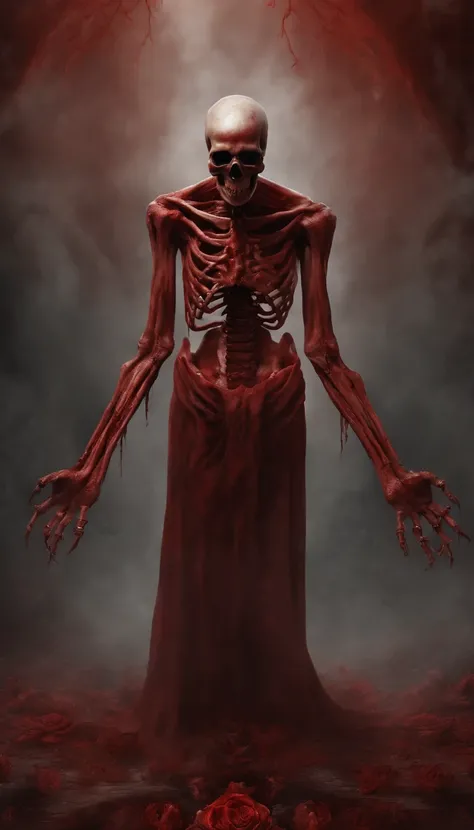 best quality, highres, ultra-detailed, realistic, HDR, portrait, horror, blood-red skull, skeletal structure, full-body portrait, demonic, fleshy, surreal art, fine details, eerie lighting