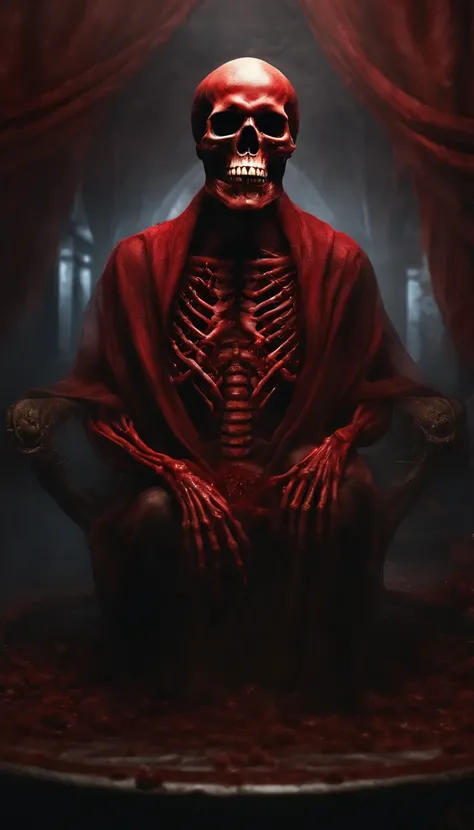 best quality, highres, ultra-detailed, realistic, HDR, portrait, horror, blood-red skull, skeletal structure, full-body portrait, demonic, fleshy, surreal art, fine details, eerie lighting