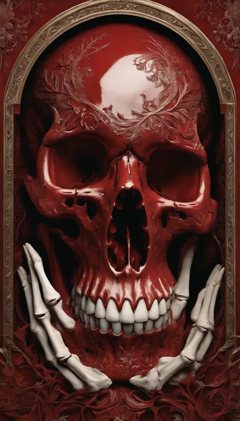 (highres), (detailed) portrait of a blood-red skull, showcasing its skeletal structure, depicting a demonic presence. The artwork showcases intricate details, emphasizing the contrast between the fleshy parts and the bones. The skull is infused with elemen...