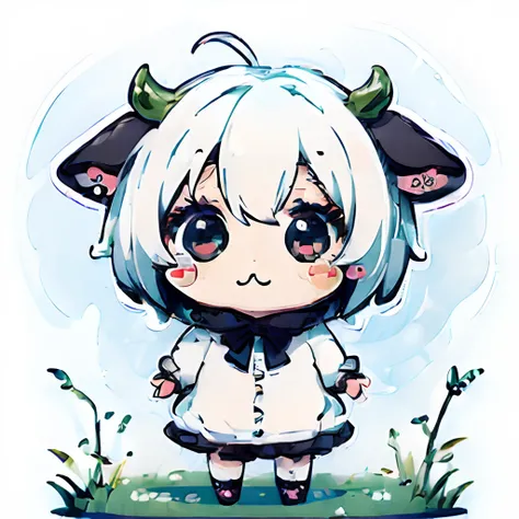 (((a sticker:1.5)))、((Chibi Chara))、(White background): Girl in cow costume with meadow on background ,Big eyes, fluffy ,Black and white hair,gladf,ull body,top-quality