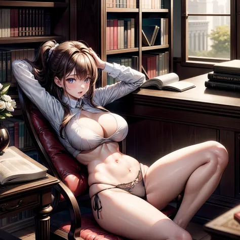 （8K ，Hyper-detailing，Ultra photo realsisim，Best Masterpiece，naturey，Perfect artwork，Perfect female body），Two cute busty girls ，（large tities），Quiet and elegant library，Book case，Tons of books，Long table，a chair，A beautiful girl hidden in a library，Wear a s...