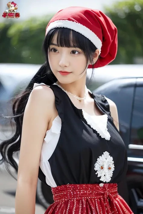 1 black hair, High quality, ultra-detailliert, masutepiece, Realistic,Santa Claus of the Woman,full bodyesbian,