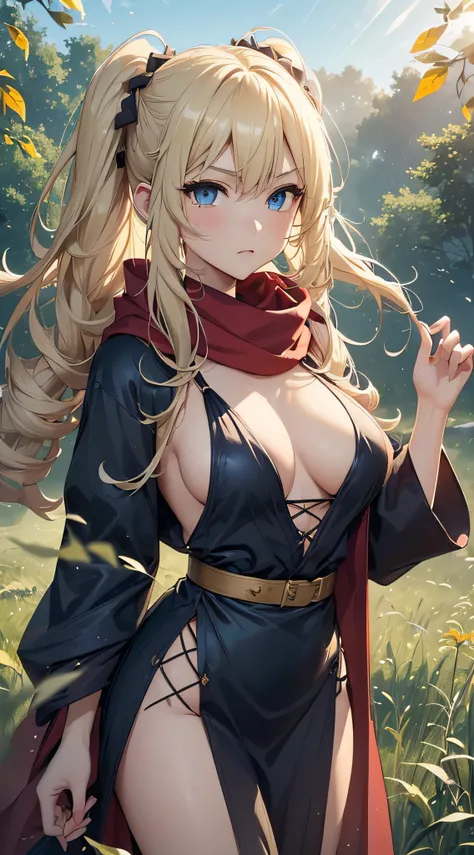 top-quality、Top image quality、​masterpiece、An elf girl((18year old、Best Bust、big bast,Beautiful blue eyes、Breasts wide open, Blonde twintails、A slender,Large valleys、red scarf、Clothes in black robes、Hold your right hand in front of you、Fluttering hair)）hiq...