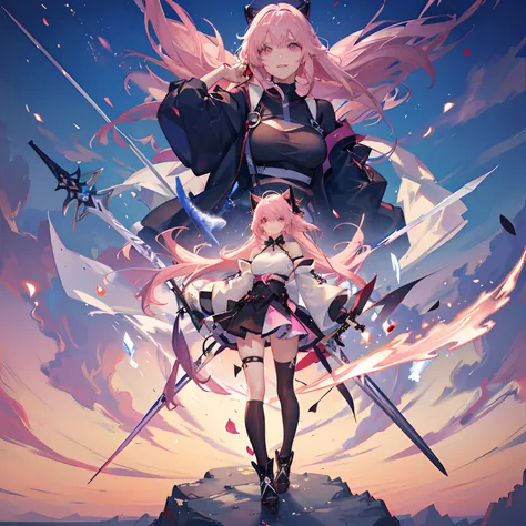 "anime girl, 1 person, pink hair, pink cat ears, pink eyes, t-shirt, white t-shirt, with twin takana swords on the back, takana sword, black womens off-the-shoulder jacket, black miniskirt, big breasts,  There are ice crystals flying around behind, holding...