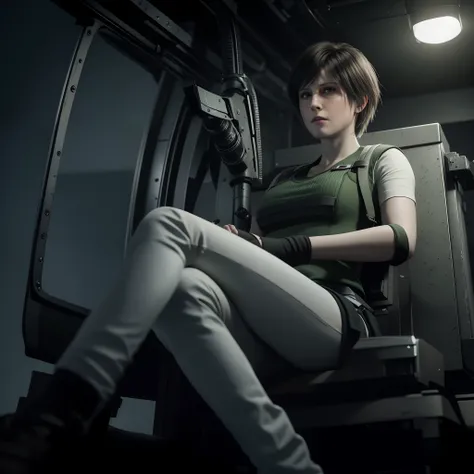 4K, HD, ( Rebecca Chambers 40 years old)), beautiful face, glare, bob hair, perfect Face, black jeans, green vest, black nail polish