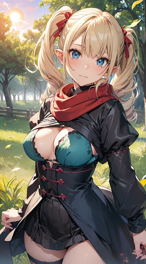 top-quality、Top image quality、​masterpiece、An elf girl((18year old、Best Bust、big bast,Beautiful blue eyes、Breasts wide open, Blonde twintails、A slender,Large valleys、red scarf、Clothes in black robes、Hold your right hand in front of you、Fluttering hair)）hiq...