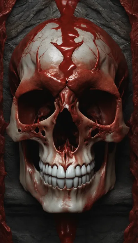 (Ultra-detailed, A high resolution, Best quality, Realistic:1.37), Blood-red skull, Bone structure, full-body portraits, The presence of demons, Meat texture, Surreal art, Vibrant colors, Dramatic lighting