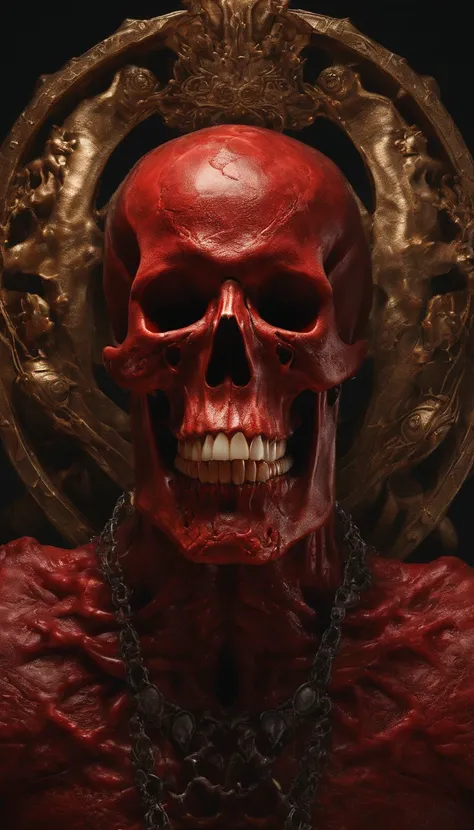 (Ultra-detailed, A high resolution, Best quality, Realistic:1.37), Blood-red skull, Bone structure, full-body portraits, The presence of demons, Meat texture, Surreal art, Vibrant colors, Dramatic lighting