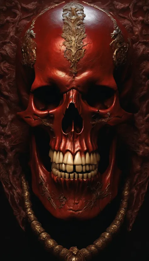 (Ultra-detailed, A high resolution, Best quality, Realistic:1.37), Blood-red skull, Bone structure, full-body portraits, The presence of demons, Meat texture, Surreal art, Vibrant colors, Dramatic lighting