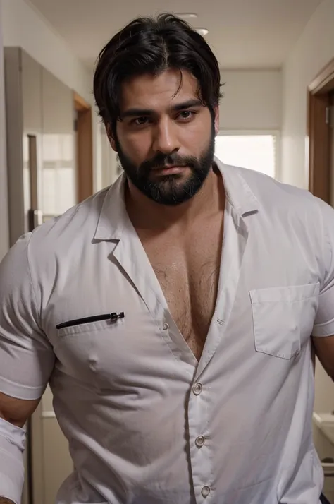 a black haired hairy hunky male doctor in uniform with huge muscles with chest hair peeking through and full beard