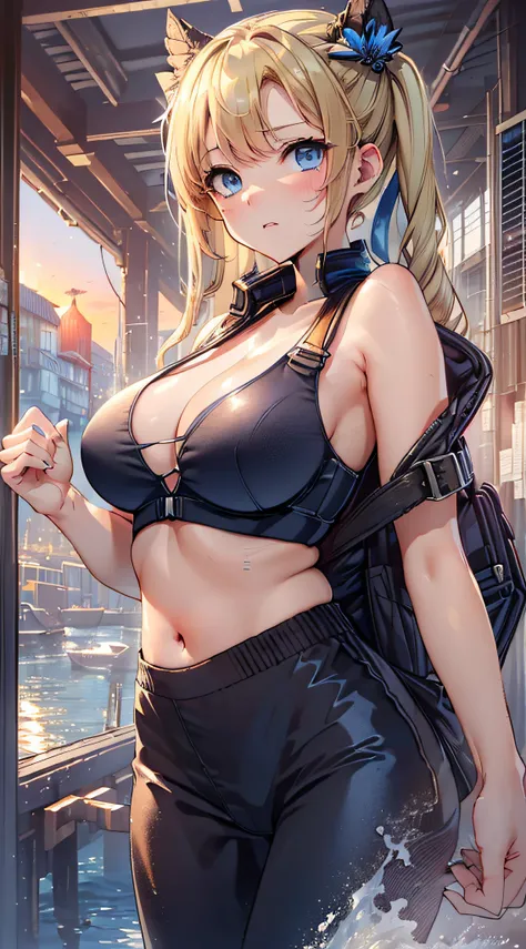 top-quality、Top image quality、​masterpiece、girl with((18year old、Best Bust、big bast,Beautiful blue eyes、Breasts wide open, Blonde twintails、A slender,Large valleys、Black Sports Bra、Black pants、black rucksack、Hold your right hand in front of you、Fluttering ...