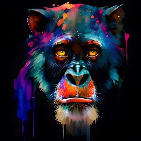 wtrcolor style, Digital art of a chimpanzee face, official art, masterpiece, Beautiful, ((watercolor)), paint splatter, intricate details. Highly detailed, detailed, [dripping:0.5], Trending on artstation, by Rachel Walker, looking like a real painting, ce...