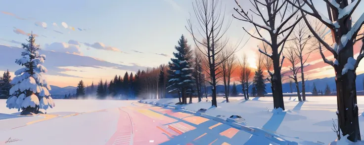 snowy covered grown, snowstorm, sunrise, field with trees in the snow, detailed, blue sky, 8k