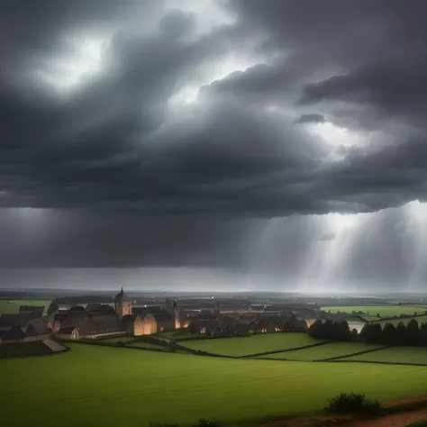 European Middle Ages，Broaden your horizons，rainy evening，dark stormy clouds，field，No construction，Dark tone