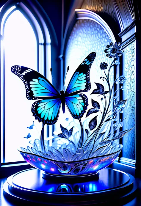 (((masterpiece that captures the essence of butterfly:1.3))), floating of stunning carve glass flower, gothic aquarium, transparent wish. (((intricate insane details and light and shadow atmosphere:1.3))), intricate details rich colors, (((stunning beauty ...