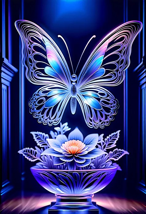 (((masterpiece that captures the essence of butterfly:1.3))), floating of stunning carve glass flower, gothic aquarium, transpar...