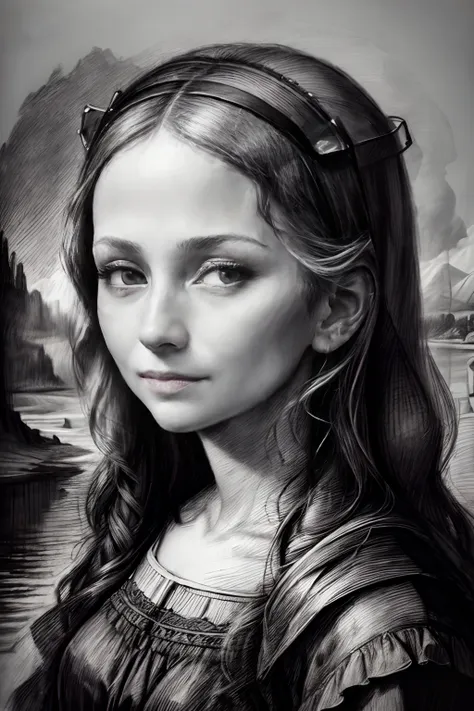 (highres,realistic,pencil sketch,detailed),(portrait,classic art),mona lisa's smile,delicate shading,subtle expressions,fine lin...