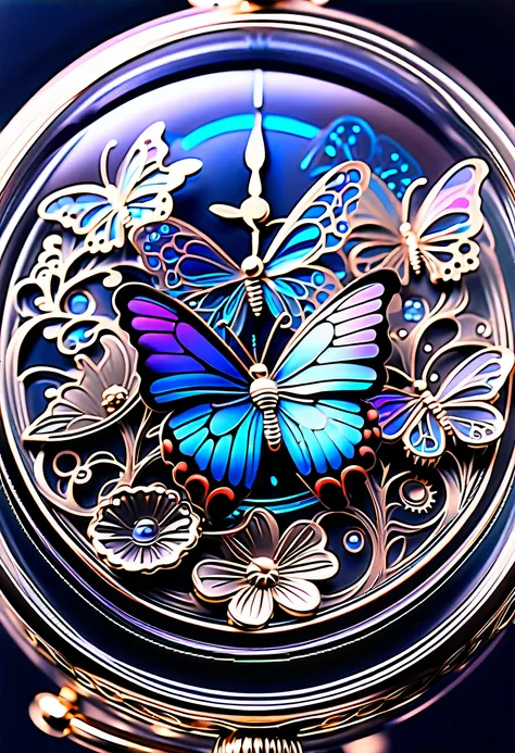 (((masterpiece that captures the essence of butterfly:1.3))), intricate insane surreal, stunning carve glass flower, gothic glass water, in the transparent pocket watch. (((intricate insane details and a dark clockpunk with eternal fantasy atmosphere:1.3))...