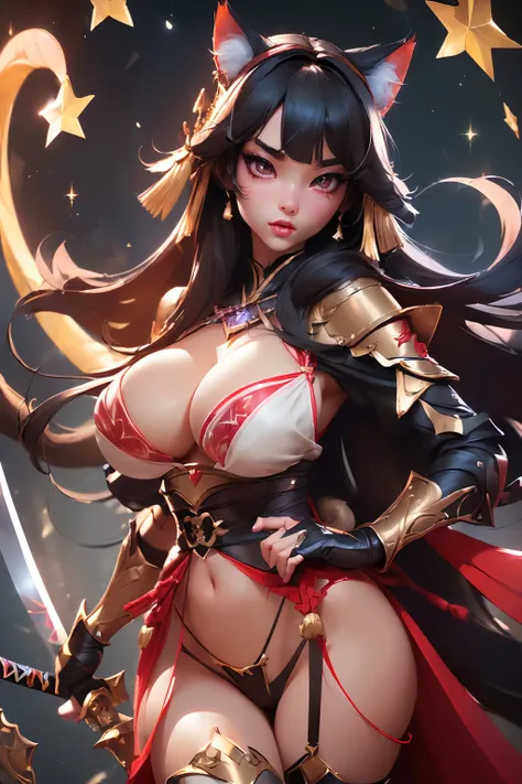 ((sexy tall japanese supermodel)) ((beautiful face)) (red lipstick) ((big bright eyes)) ((very long straight black hair with long bangs covering one eye)) ((pale skin)) ((very huge breast:1.5)) (perfect body:1.3) ((wears tiny string thong)) ((sexy red samu...