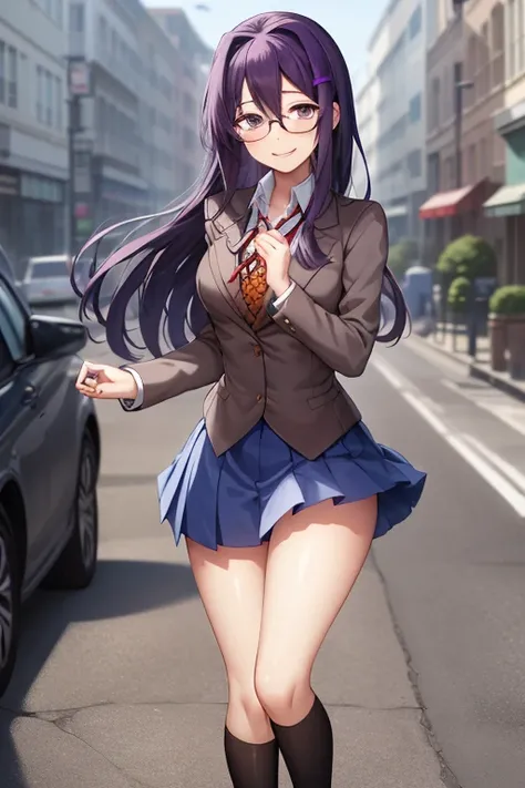 2d, masterpiece, ((squating)) white panties, slim body, slim legs, best quality, ((full body)), full pose, anime, highly detailed, cowboy shot, 1girl, solo, yuri, purple hair, purple eyes, long hair, hair between eyes, hairclip, school uniform, blazer, bro...