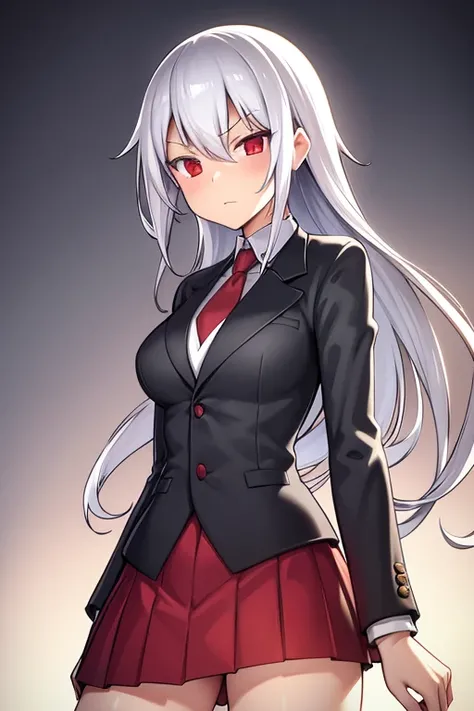 female, silver hair with black tips, red eyes, red blazer, black pleated skirt, black thigh high socks, brown dress shoes, black tie