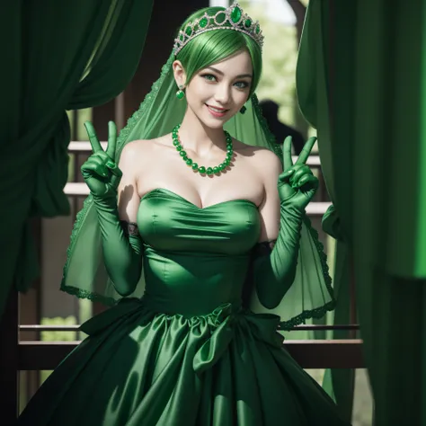 emerald tiara, Green Pearl Necklace, Boyish very short green hair, lipsticks, Japan woman smiling, very short short hair, big breasts beautiful, Green eyes, Long green gloves made of satin material, Green eyes,v sign, Emerald Earrings