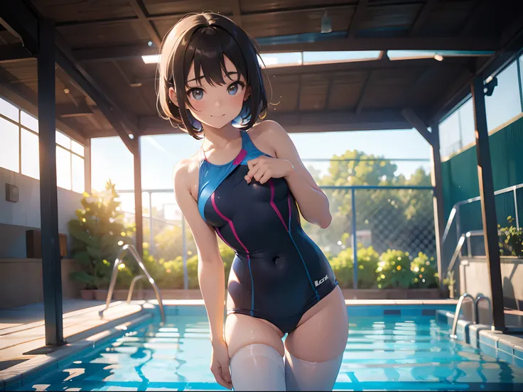 cute, early teen girl in a competition swimsuit with pantyhose at poolside in the indoor pool, full body, loli, short height,
medium breasts, bokeh, DOF, Portrait, evil grin, open stance,
(cute illustration:1.2), high-resolution, ultra-detailed, best-quali...