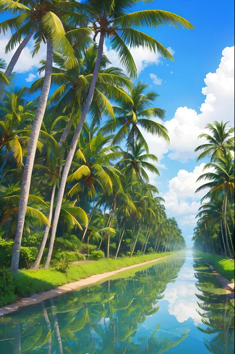 beautiful tropical village road, cloudy sky, distance rice field, coconut trees, small river