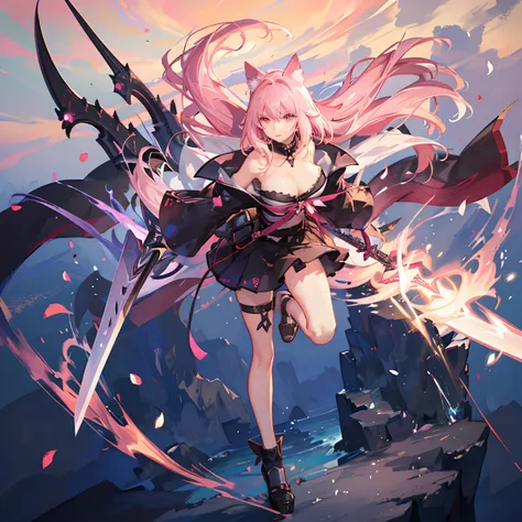 "anime girl, 1 person, pink hair, pink cat ears, pink eyes, womens shirt, tie, with takana twin swords on back, takana sword, womens black off-the-shoulder jacket, black miniskirt, big breasts  , there are ice crystals flying around on his back, holding a ...