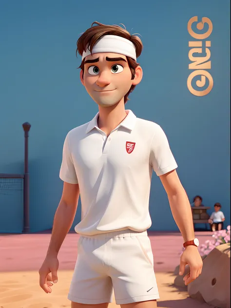 A movie poster with title "Roger Federer" inspired by the signature digital art style of Disney Pixar. Roger Federer, a professional tennis player, wears lime white shorts and a white shirt with a white headband in Wimbledon. Central to the poster, in bold...