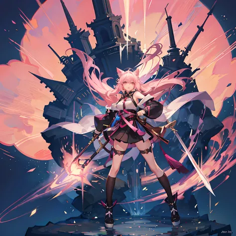 "anime girl, 1 person, pink hair, pink cat ears, pink eyes, womens shirt, tie, with takana twin swords on back, takana sword, womens black off-the-shoulder jacket, black miniskirt, big breasts  , there are ice crystals flying around on his back, holding a ...