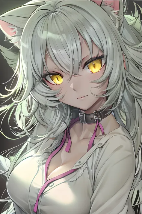 anime white cat eared woman,yellow  eyes, nightgown,white hair,2d,naughty 1 girl,solo,1girl in,solo,((beautiful detailed eyes)),...