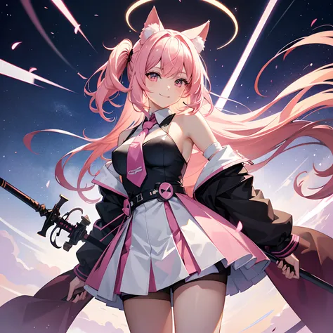 "anime girl, 1 person, pink hair, pink cat ears, pink eyes, womens shirt, tie, with takana twin swords on back, takana sword, womens black off-the-shoulder jacket, black miniskirt, big breasts  , there are ice crystals flying around on his back, holding a ...