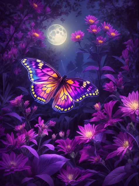 Create a stunning and ethereal image of a glowing butterfly in a moonlit garden. The butterfly should have intricate patterns on its wings, emitting a soft, iridescent glow. Surround it with lush, magical flora, and capture the enchanting ambiance of the m...