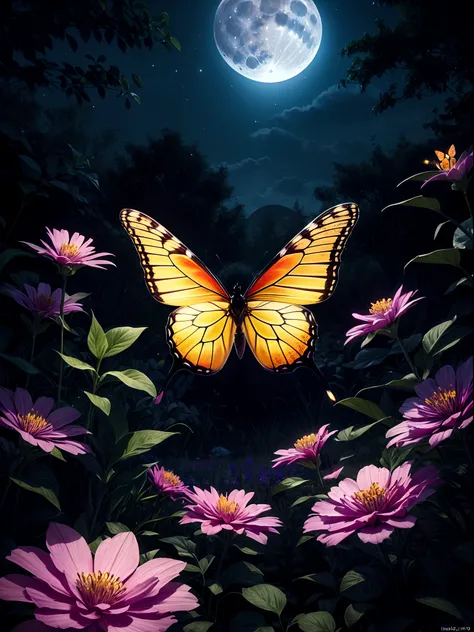 Create a stunning and ethereal image of a glowing butterfly in a moonlit garden. The butterfly should have intricate patterns on its wings, emitting a soft, iridescent glow. Surround it with lush, magical flora, and capture the enchanting ambiance of the m...