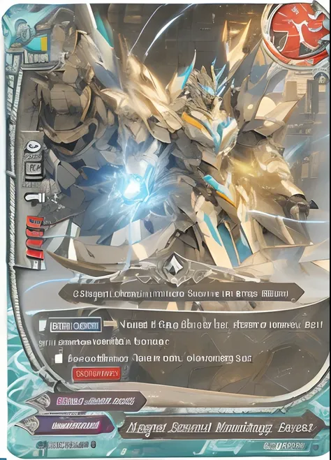 a close up of a card with a robot on it, shining armour made of steel, gold paladin, shining plate armor, flame conjuring armored, sliver ice color reflected armor, well armored mech dragon, covered in full silver armor, enormous chrome man, elephantine ar...