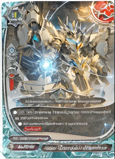 a close up of a card with a robot on it, shining armour made of steel, gold paladin, shining plate armor, flame conjuring armored, sliver ice color reflected armor, well armored mech dragon, covered in full silver armor, enormous chrome man, elephantine ar...