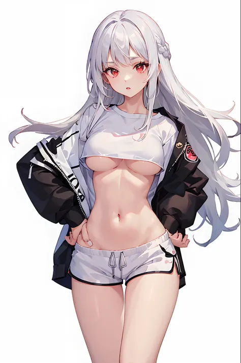 1girl, white hair, red eyes, navel, looking at viewer, hand on hip, black jacket, dolphin shorts, groin, (white shirt:1.2), braid, very long hair, wide hips, 
underboob, shirt, 
big(BodyProportions),